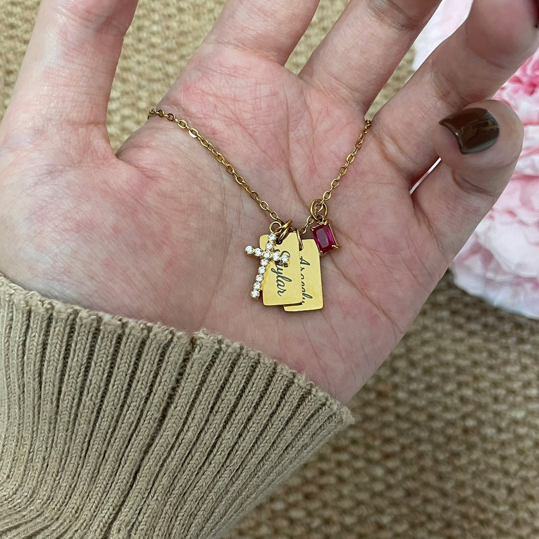 Custom Name Tag Necklace with Cross & Birthstone