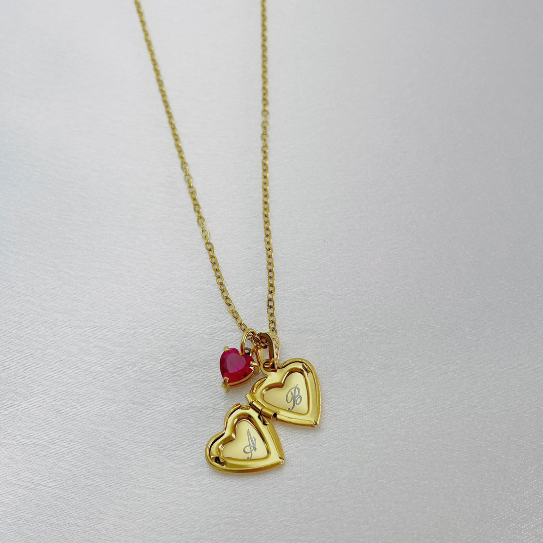 Couple Heart Locket Necklace with Initials and Anniversary Birthstone