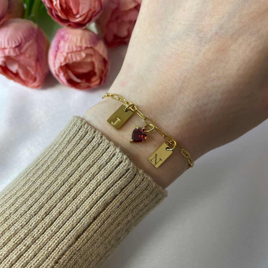 Couple Initials Heart Birthstone Bracelet