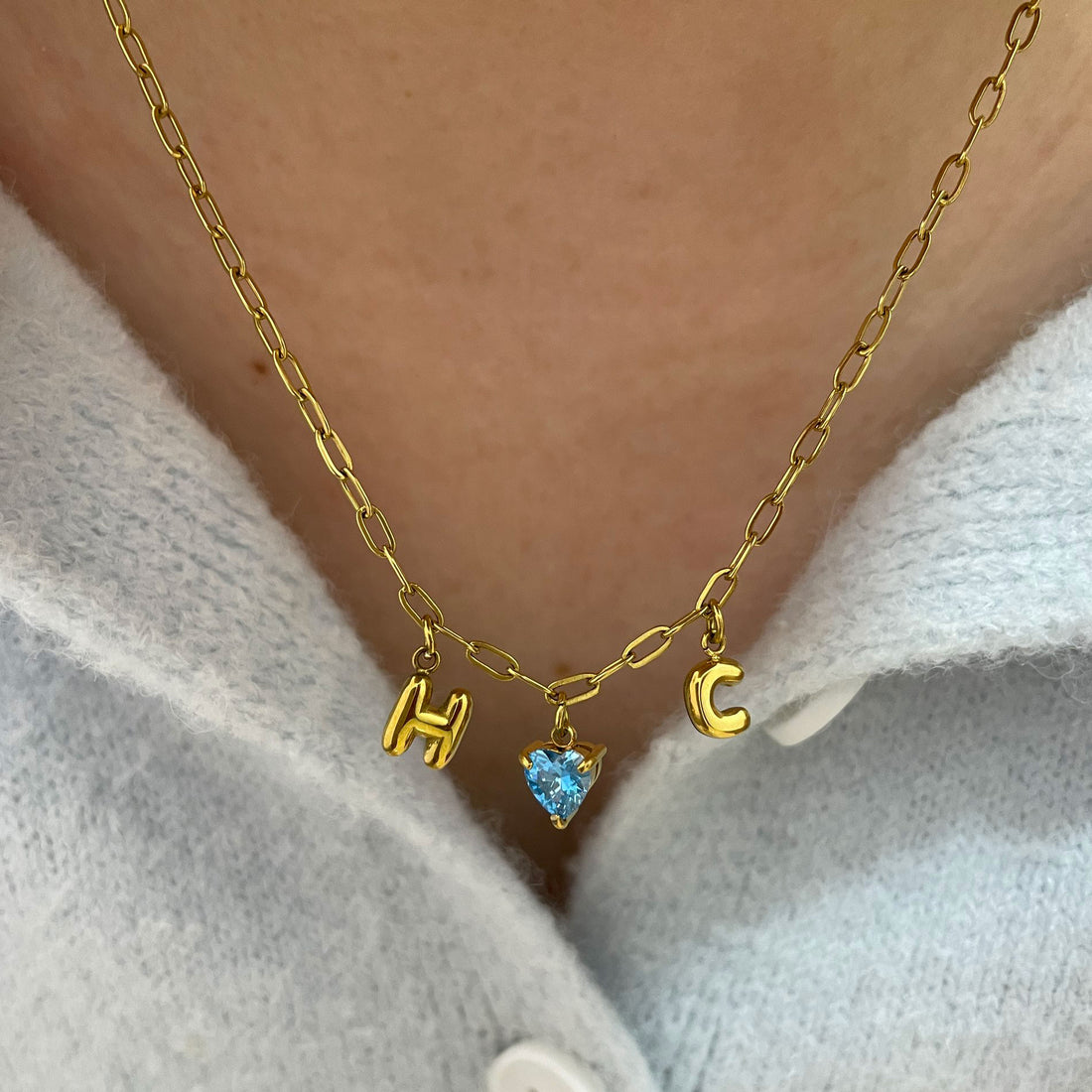 Couple Initials & Heart Birthstone Bubble Necklace