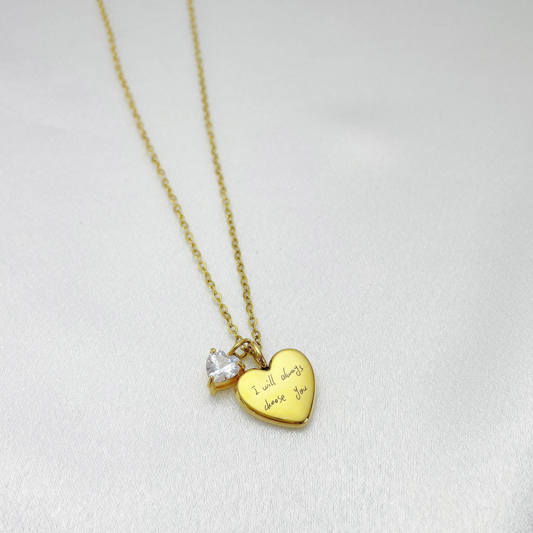 Engraved Handwriting Heart Necklace with Anniversary Birthstone