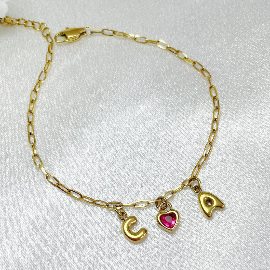 Couple Initials & Heart Birthstone Dainty Bubble Bracelet
