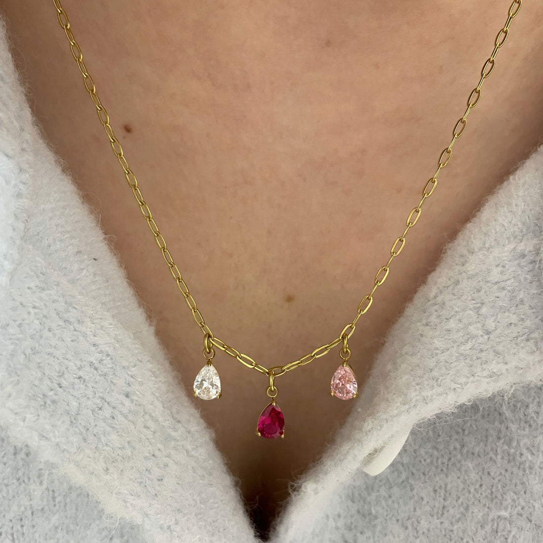 Teardrop Birthstone Paper Clip Necklace